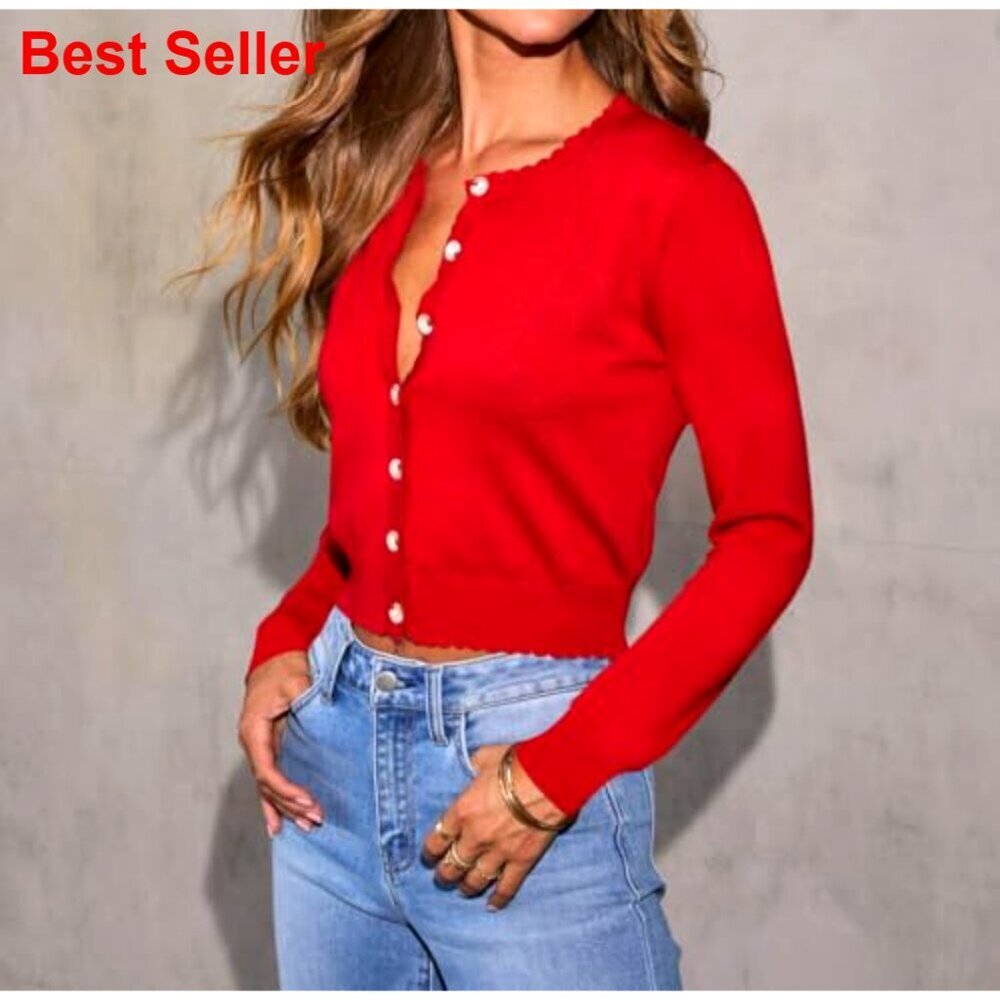 Long Sleeve Crop Cardigan Sweater with Ruffle Sleeves Button Front - Picture 2 of 7